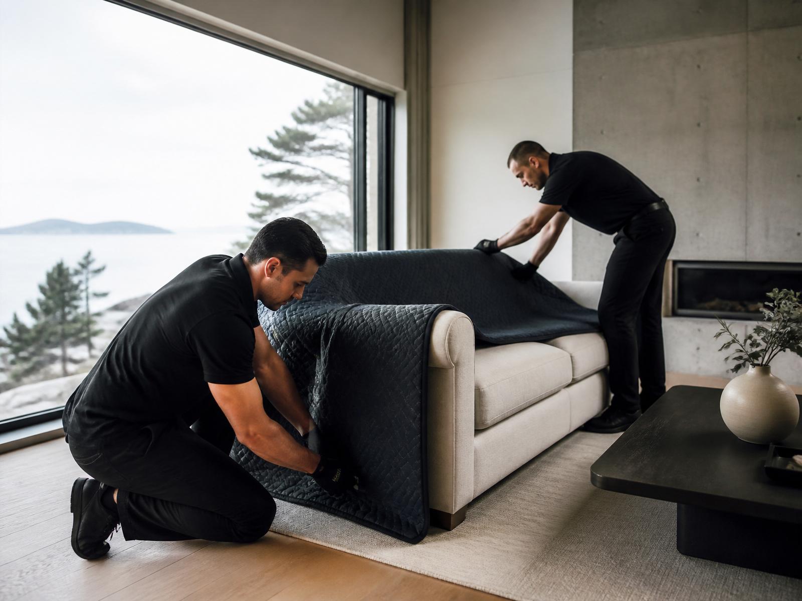 Comox Valley Moving team wrapping and protecting furniture before loading